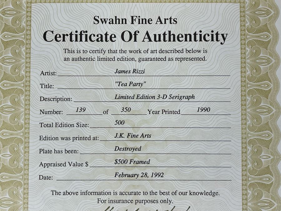 James Rizzi (1950-2011) American Pop Artist Framed Limited Edition 3-D Serigraph Titled 'Tea Party' Signed 139 Of 350 1990 With Certificate Of Authenticity 8.5 X 10.5 Estimate $1,000-$2,900 [Photo 15]