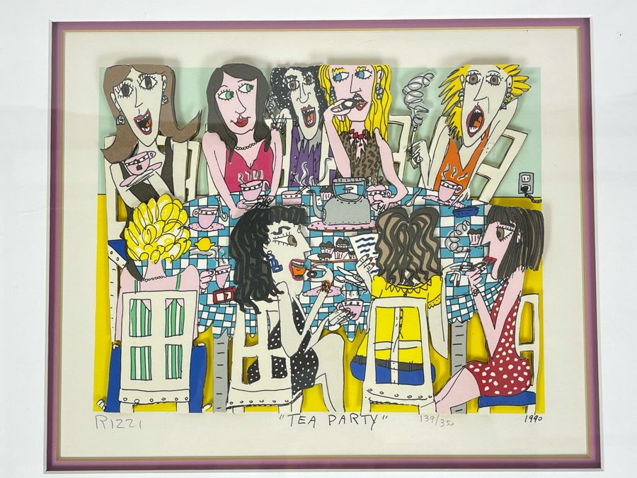 James Rizzi (1950-2011) American Pop Artist Framed Limited Edition 3-D Serigraph Titled 'Tea Party' Signed 139 Of 350 1990 With Certificate Of Authenticity 8.5 X 10.5 Estimate $1,000-$2,900