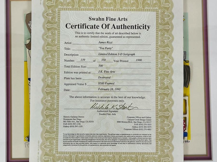 James Rizzi (1950-2011) American Pop Artist Framed Limited Edition 3-D Serigraph Titled 'Tea Party' Signed 139 Of 350 1990 With Certificate Of Authenticity 8.5 X 10.5 Estimate $1,000-$2,900 [Photo 14]