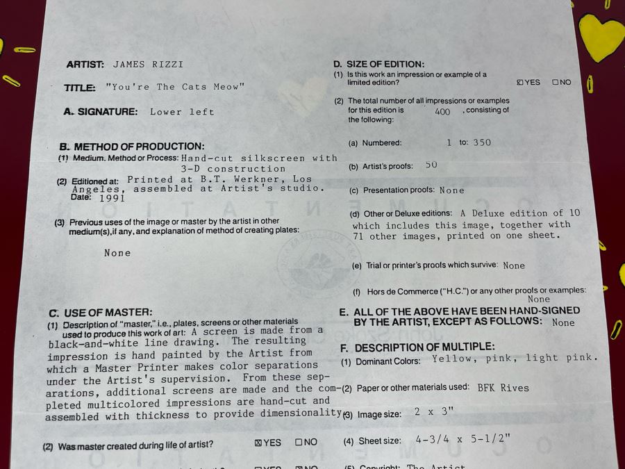 James Rizzi (1950-2011) American Pop Artist Limited Edition Signed 3-D Serigraph Titled 'You're The Cats Meow' With Custom Heart Frame And Documentation 2 X 3 Image - 311 Of 350 1990 Estimate $200-$300 [Photo 11]