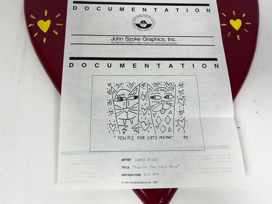 James Rizzi (1950-2011) American Pop Artist Limited Edition Signed 3-D Serigraph Titled 'You're The Cats Meow' With Custom Heart Frame And Documentation 2 X 3 Image - 311 Of 350 1990 Estimate $200-$300 [Photo 13]