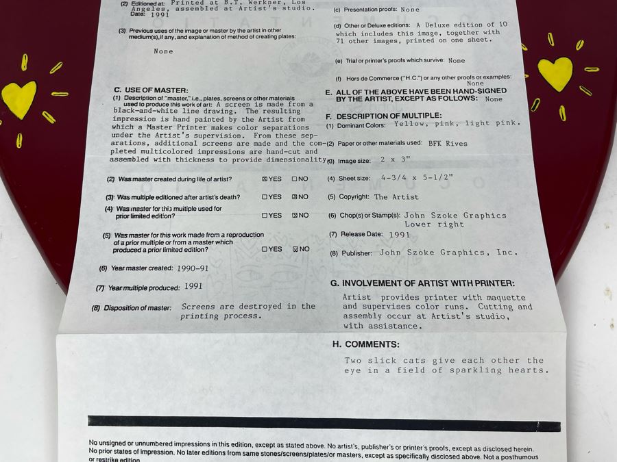 James Rizzi (1950-2011) American Pop Artist Limited Edition Signed 3-D Serigraph Titled 'You're The Cats Meow' With Custom Heart Frame And Documentation 2 X 3 Image - 311 Of 350 1990 Estimate $200-$300 [Photo 12]
