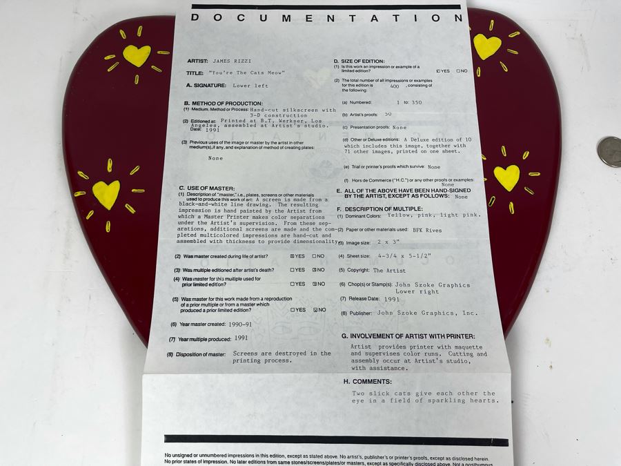 James Rizzi (1950-2011) American Pop Artist Limited Edition Signed 3-D Serigraph Titled 'You're The Cats Meow' With Custom Heart Frame And Documentation 2 X 3 Image - 311 Of 350 1990 Estimate $200-$300 [Photo 10]