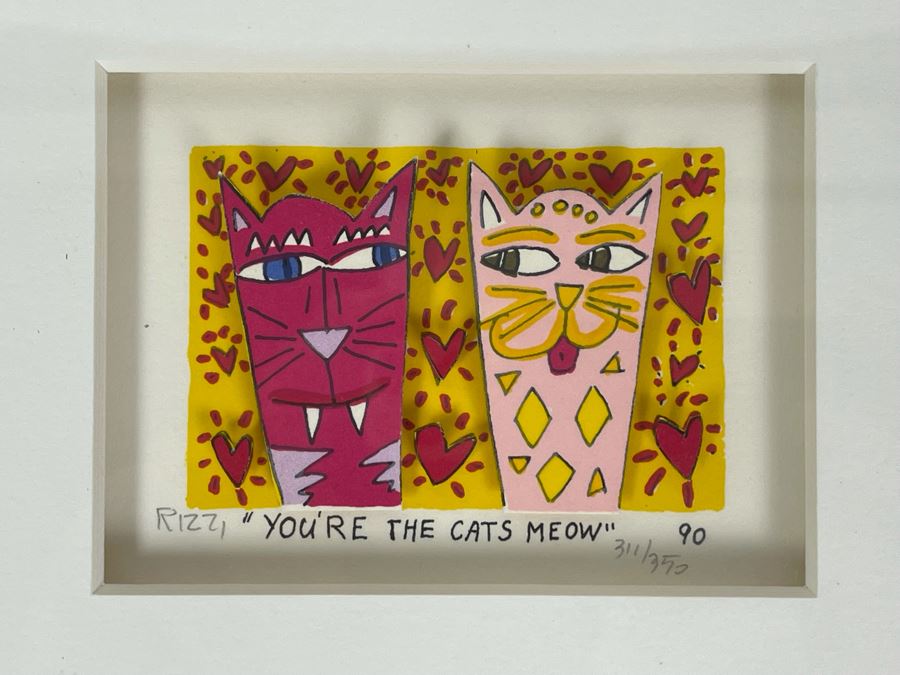 James Rizzi (1950-2011) American Pop Artist Limited Edition Signed 3-D Serigraph Titled 'You're The Cats Meow' With Custom Heart Frame And Documentation 2 X 3 Image - 311 Of 350 1990 Estimate $200-$300 [Photo 1]