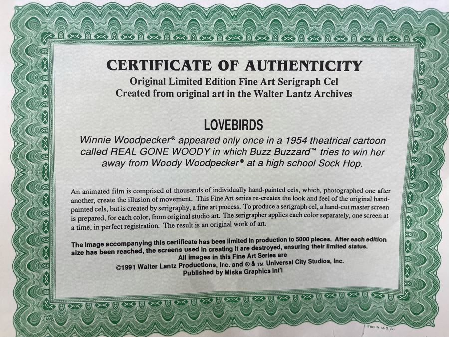 Framed Limited Edition Fine Art Serigraph Cel Created From Original Art In The Walter Lantz Archives Titled 'Lovebirds' Winnie And Woody Woodpecker With COA 13.5 X 9.5 [Photo 6]