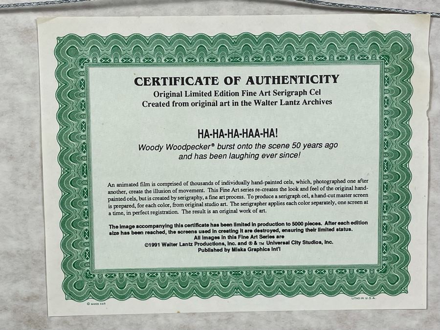 Framed Limited Edition Fine Art Serigraph Cel Created From Original Art In The Walter Lantz Archives Titled 'Ha-Ha-Ha-Haa-Ha!' Woody Woodpecker With COA 13.5 X 9.5 [Photo 5]