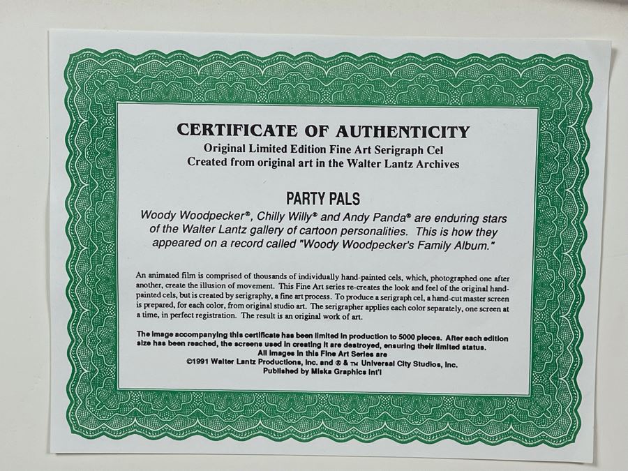 Framed Limited Edition Fine Art Serigraph Cel Created From Original Art In The Walter Lantz Archives Titled 'Party Pals' Woody Woodpecker, Chilly Willy And Andy Panda With COA 8 X 10.5 [Photo 8]