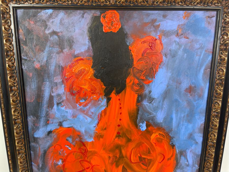 Original Painting Of Spanish Dancer In Red Dress Signed Sanders 2004 In Frame 19.5 X 23.5 [Photo 3]