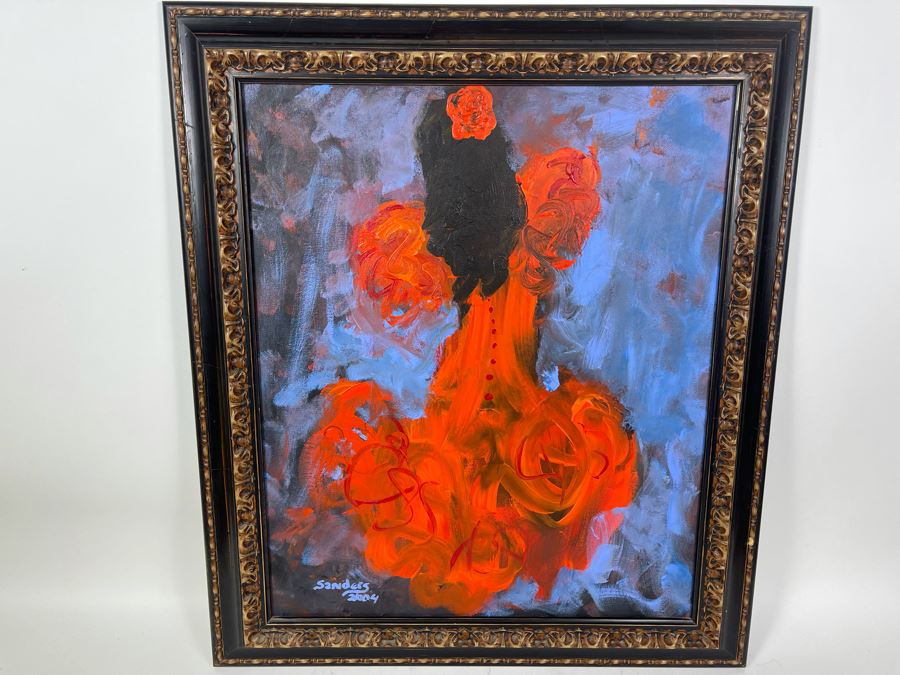 Original Painting Of Spanish Dancer In Red Dress Signed Sanders 2004 In Frame 19.5 X 23.5 [Photo 2]