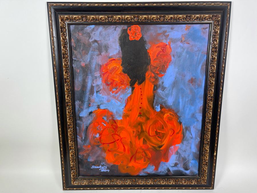 Original Painting Of Spanish Dancer In Red Dress Signed Sanders 2004 In Frame 19.5 X 23.5