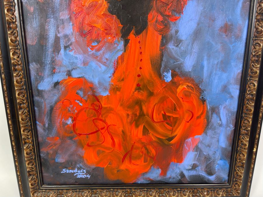 Original Painting Of Spanish Dancer In Red Dress Signed Sanders 2004 In Frame 19.5 X 23.5 [Photo 4]