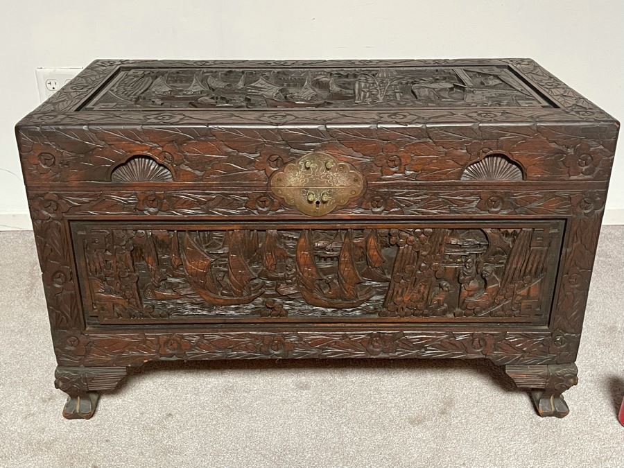 Vintage Chinese Camphorwood Hand Relief Carved Chest 36W X 17.5D X 22H