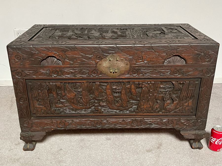 Vintage Chinese Camphorwood Hand Relief Carved Chest 36W X 17.5D X 22H [Photo 4]