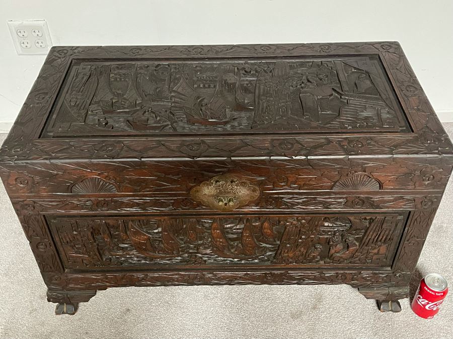 Vintage Chinese Camphorwood Hand Relief Carved Chest 36W X 17.5D X 22H [Photo 6]
