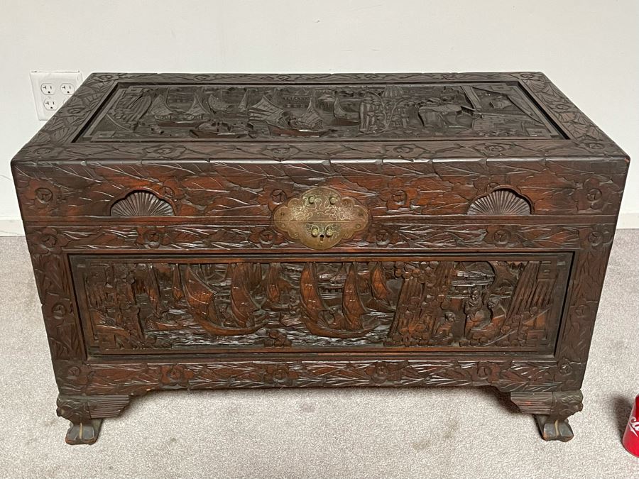 Vintage Chinese Camphorwood Hand Relief Carved Chest 36W X 17.5D X 22H [Photo 2]