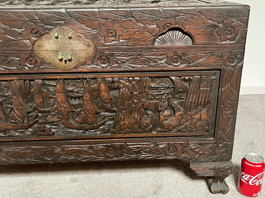 Vintage Chinese Camphorwood Hand Relief Carved Chest 36W X 17.5D X 22H [Photo 9]