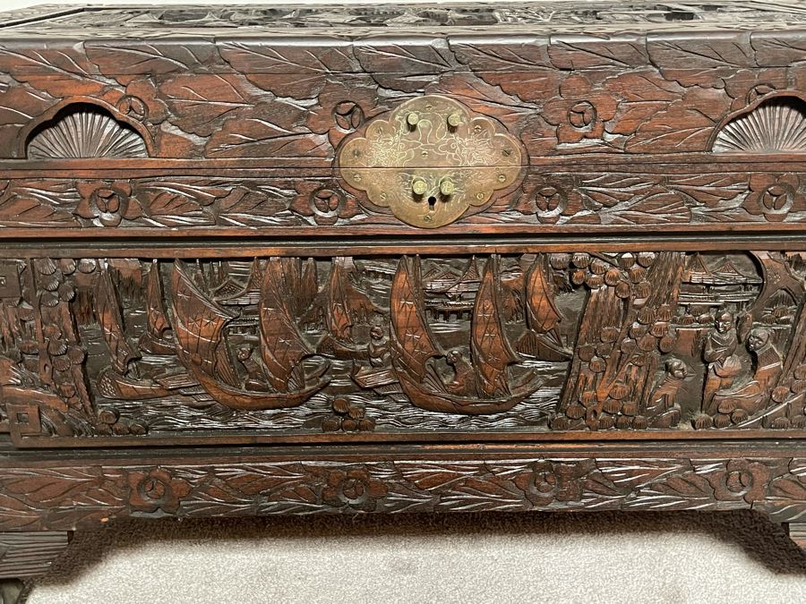 Vintage Chinese Camphorwood Hand Relief Carved Chest 36W X 17.5D X 22H [Photo 8]