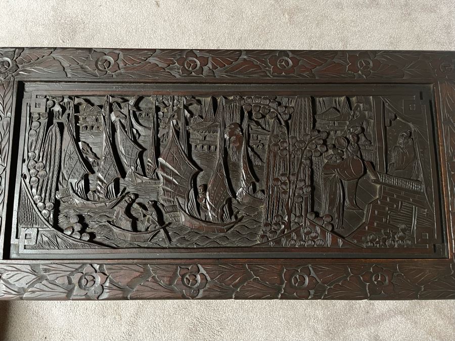 Vintage Chinese Camphorwood Hand Relief Carved Chest 36W X 17.5D X 22H [Photo 21]