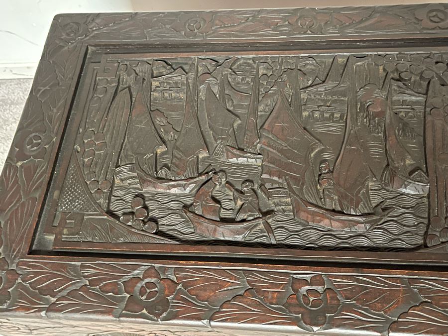 Vintage Chinese Camphorwood Hand Relief Carved Chest 36W X 17.5D X 22H [Photo 5]