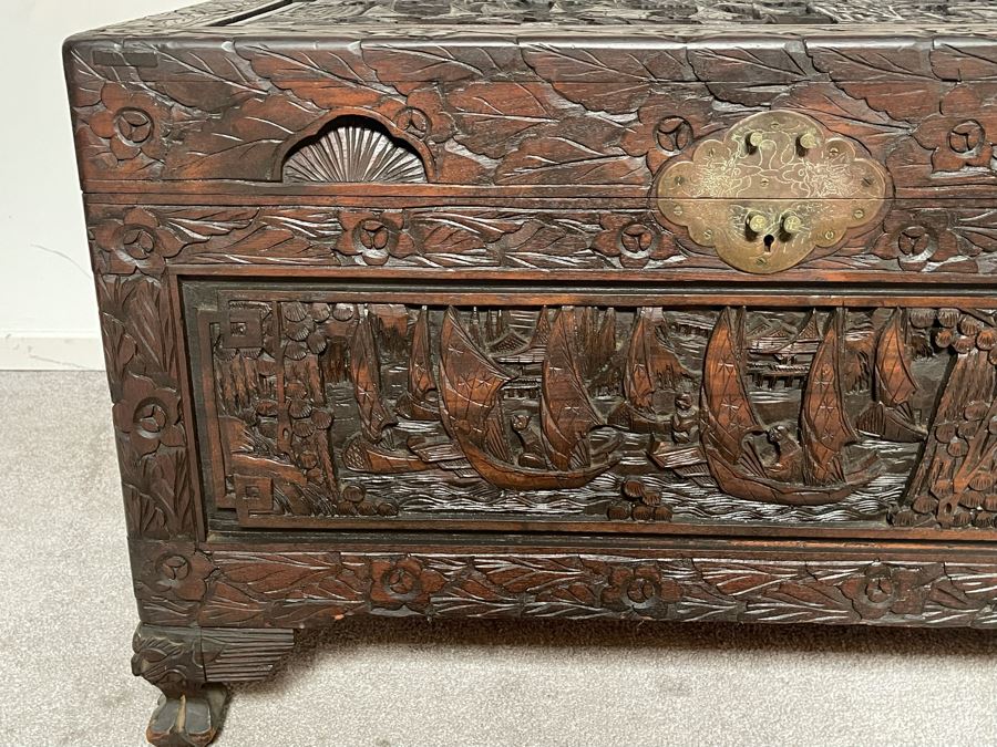 Vintage Chinese Camphorwood Hand Relief Carved Chest 36W X 17.5D X 22H [Photo 7]
