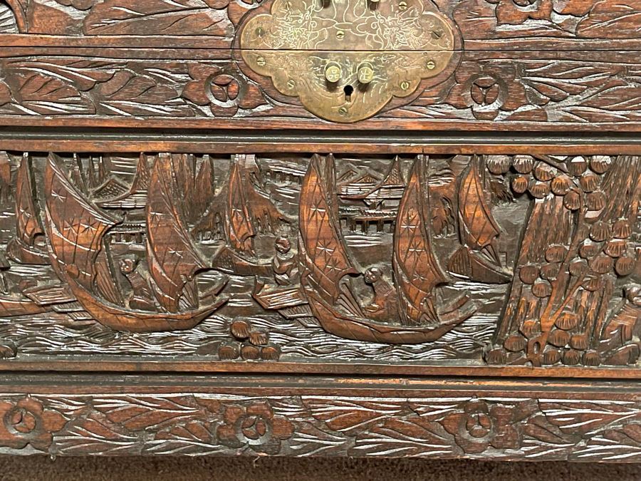Vintage Chinese Camphorwood Hand Relief Carved Chest 36W X 17.5D X 22H [Photo 11]