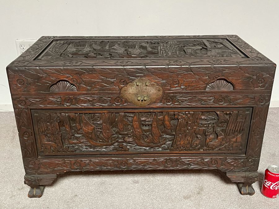 Vintage Chinese Camphorwood Hand Relief Carved Chest 36W X 17.5D X 22H [Photo 3]