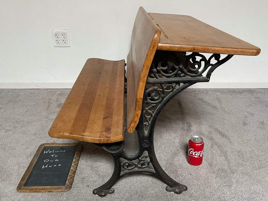 Antique Buffalo Hardware Co Cast Iron And Wood Schood Desk Bench 36W X 27D X 24H With Antique Slate School Chalkboard [Photo 1]
