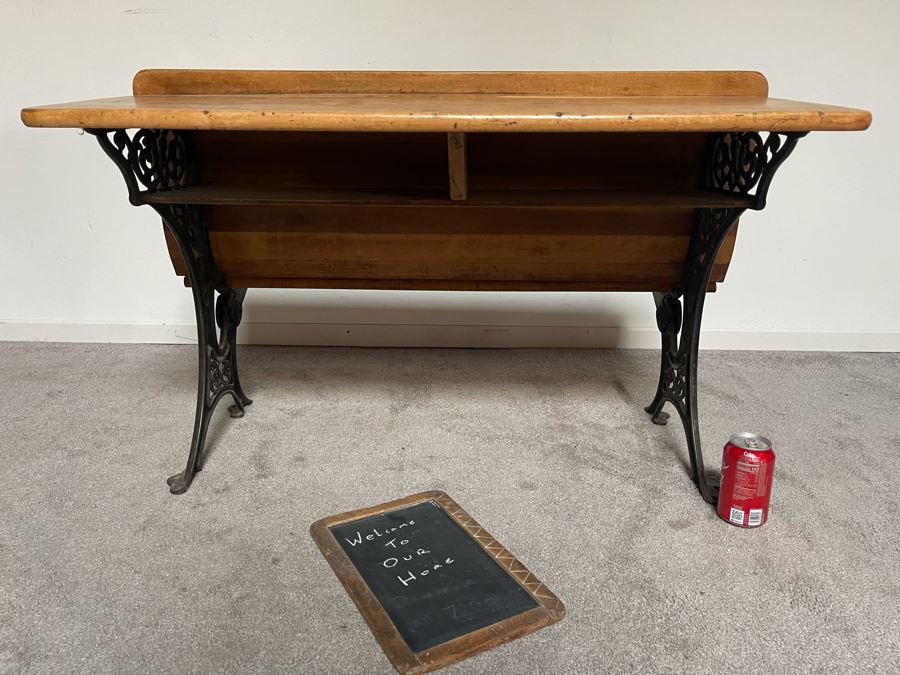 Antique Buffalo Hardware Co Cast Iron And Wood Schood Desk Bench 36W X 27D X 24H With Antique Slate School Chalkboard [Photo 15]