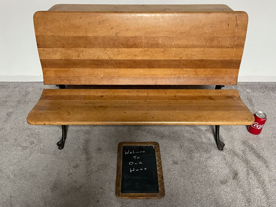 Antique Buffalo Hardware Co Cast Iron And Wood Schood Desk Bench 36W X 27D X 24H With Antique Slate School Chalkboard [Photo 3]
