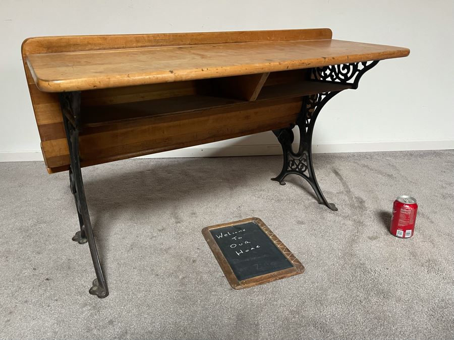 Antique Buffalo Hardware Co Cast Iron And Wood Schood Desk Bench 36W X 27D X 24H With Antique Slate School Chalkboard [Photo 13]