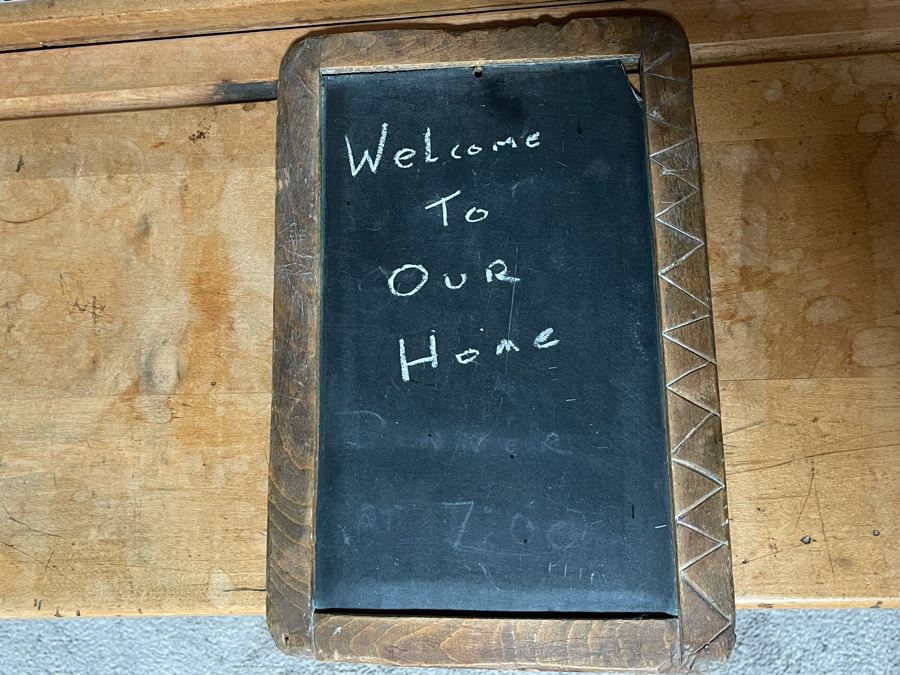 Antique Buffalo Hardware Co Cast Iron And Wood Schood Desk Bench 36W X 27D X 24H With Antique Slate School Chalkboard [Photo 18]