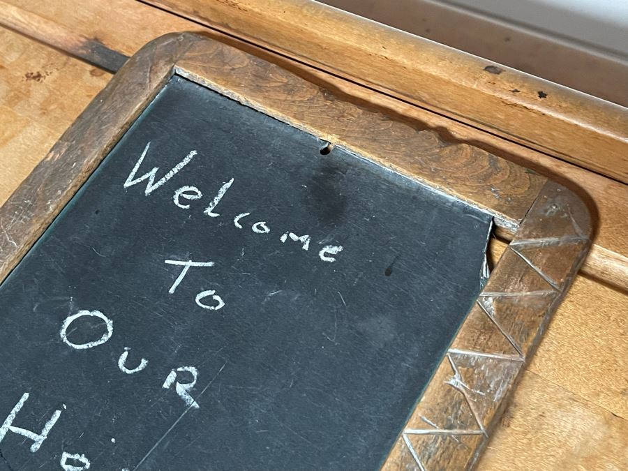 Antique Buffalo Hardware Co Cast Iron And Wood Schood Desk Bench 36W X 27D X 24H With Antique Slate School Chalkboard [Photo 19]