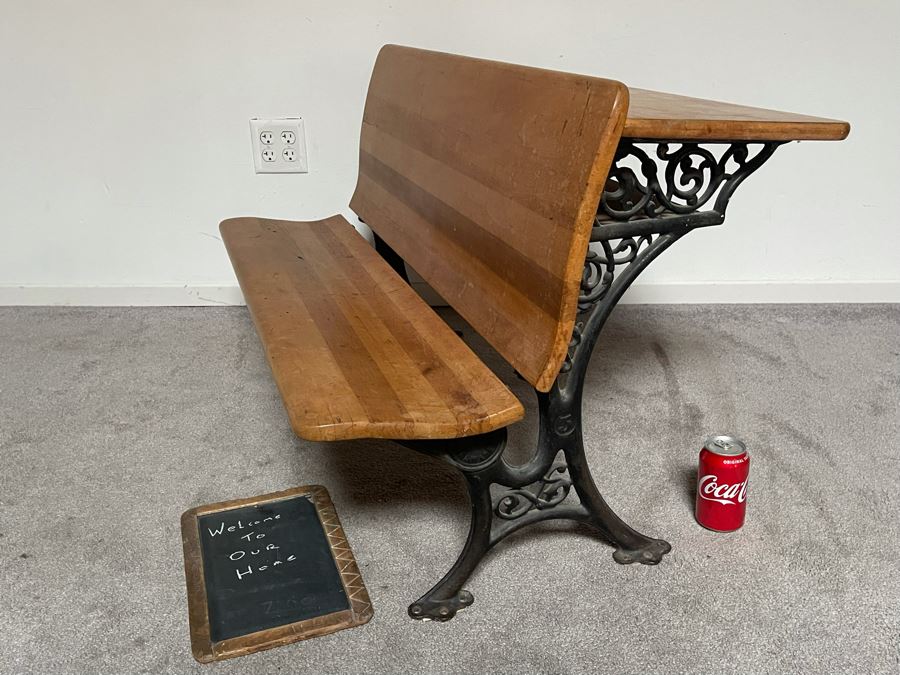 Antique Buffalo Hardware Co Cast Iron And Wood Schood Desk Bench 36W X 27D X 24H With Antique Slate School Chalkboard [Photo 8]