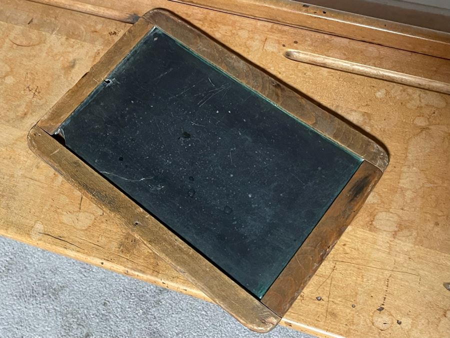 Antique Buffalo Hardware Co Cast Iron And Wood Schood Desk Bench 36W X 27D X 24H With Antique Slate School Chalkboard [Photo 20]