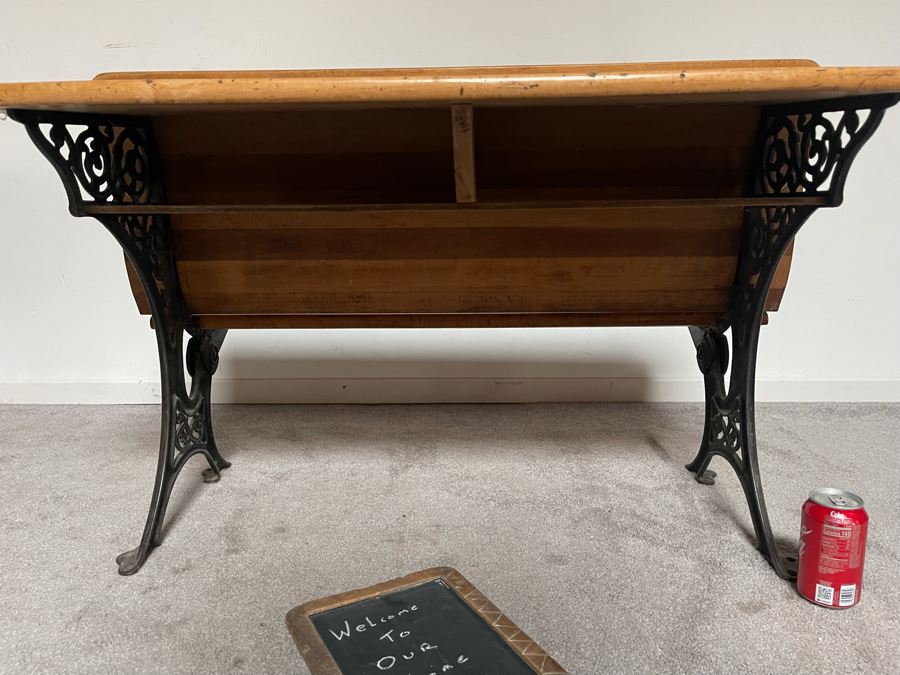 Antique Buffalo Hardware Co Cast Iron And Wood Schood Desk Bench 36W X 27D X 24H With Antique Slate School Chalkboard [Photo 16]