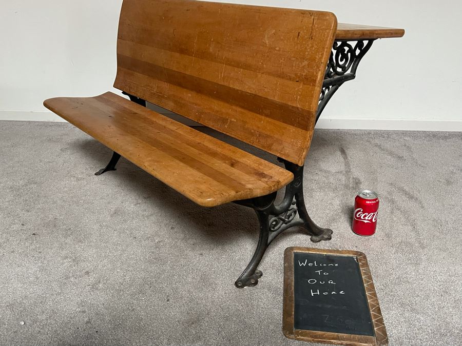 Antique Buffalo Hardware Co Cast Iron And Wood Schood Desk Bench 36W X 27D X 24H With Antique Slate School Chalkboard [Photo 6]