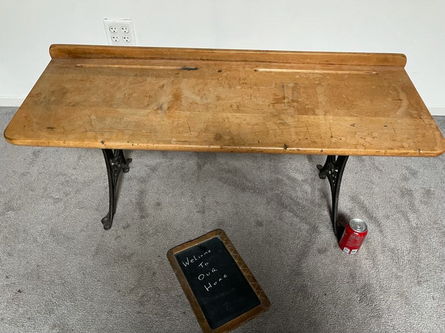 Antique Buffalo Hardware Co Cast Iron And Wood Schood Desk Bench 36W X 27D X 24H With Antique Slate School Chalkboard [Photo 14]