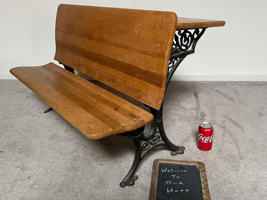 Antique Buffalo Hardware Co Cast Iron And Wood Schood Desk Bench 36W X 27D X 24H With Antique Slate School Chalkboard [Photo 7]