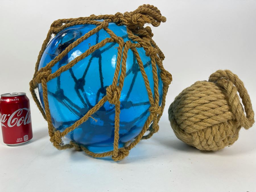 Vintage Hand Blown Blue Glass Fishing Float 12R And Rope Knot Decor