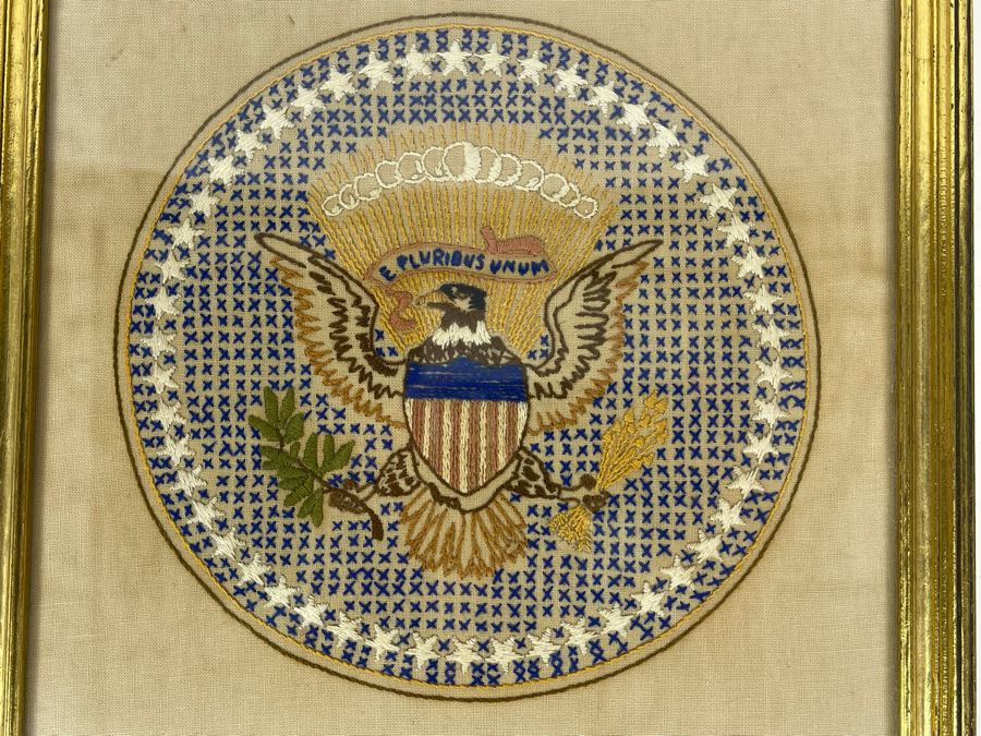 Vintage Framed United States Great Seal Needlepoint Embroidery 11 X 11