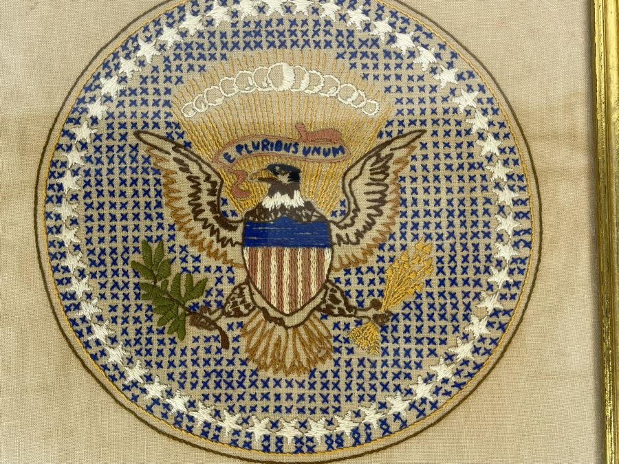 Vintage Framed United States Great Seal Needlepoint Embroidery 11 X 11 [Photo 3]