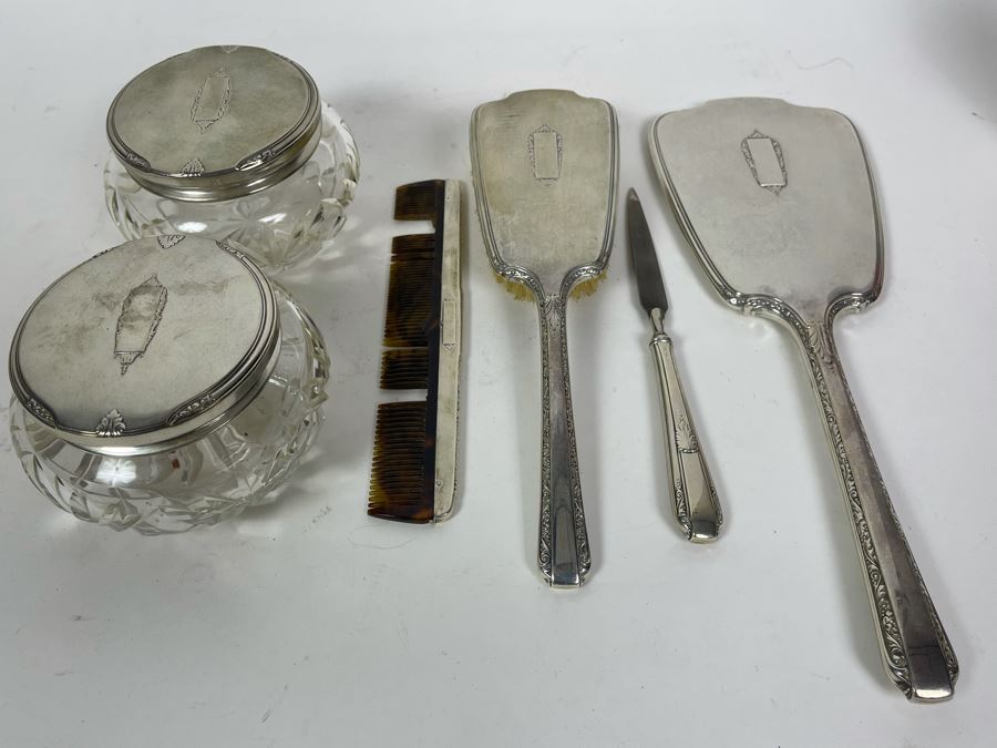 Sterling Silver Vanity Set With Handheld Mirror, Brush, File, Comb And Jars [Photo 4]