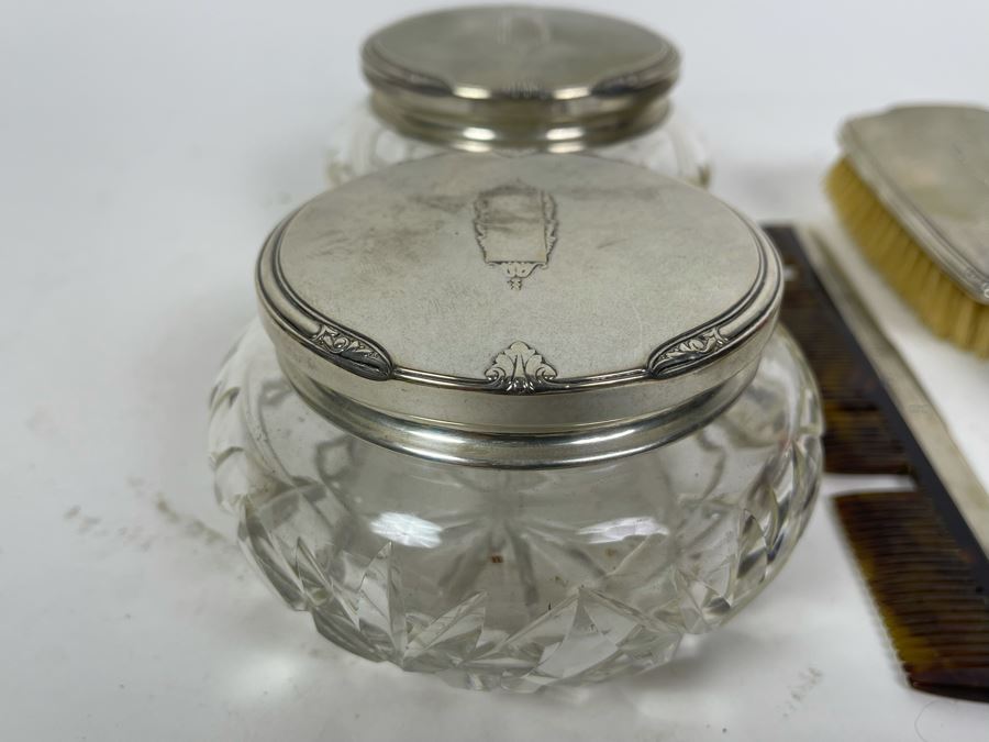 Sterling Silver Vanity Set With Handheld Mirror, Brush, File, Comb And Jars [Photo 5]