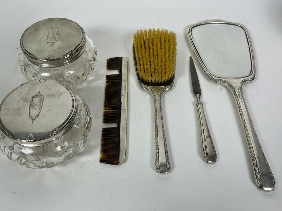 Sterling Silver Vanity Set With Handheld Mirror, Brush, File, Comb And Jars [Photo 11]