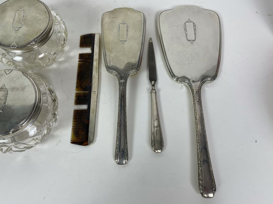 Sterling Silver Vanity Set With Handheld Mirror, Brush, File, Comb And Jars [Photo 6]