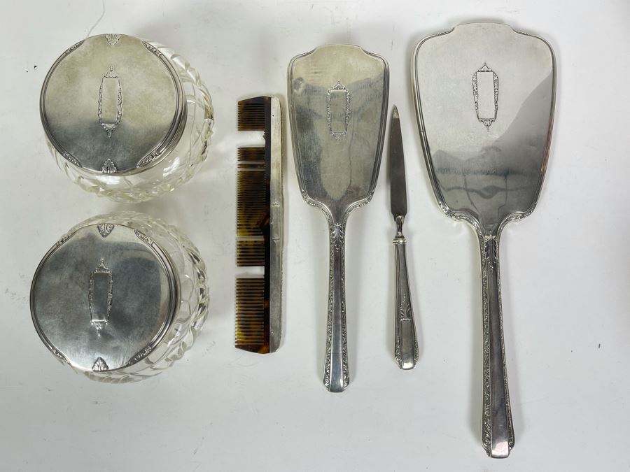 Sterling Silver Vanity Set With Handheld Mirror, Brush, File, Comb And Jars [Photo 1]