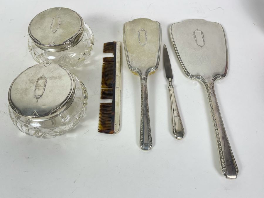 Sterling Silver Vanity Set With Handheld Mirror, Brush, File, Comb And Jars [Photo 3]