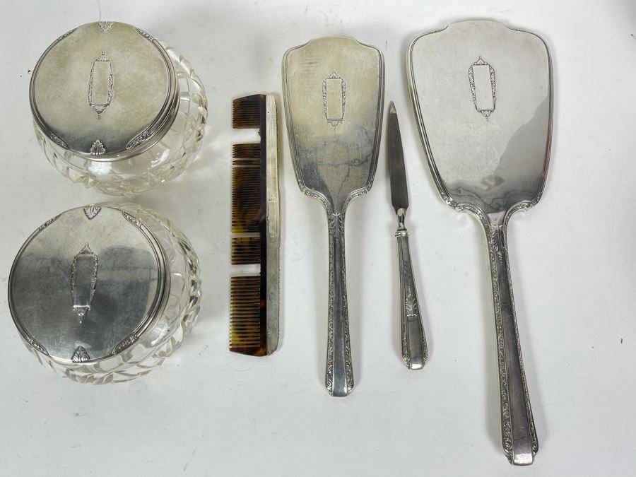Sterling Silver Vanity Set With Handheld Mirror, Brush, File, Comb And Jars [Photo 2]