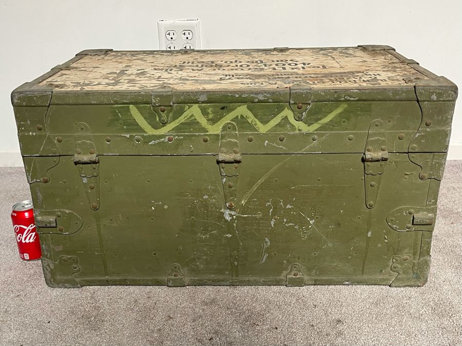 Vintage Green Military Locker Trunk Heavy 29.5W X 17D X 16H [Photo 6]