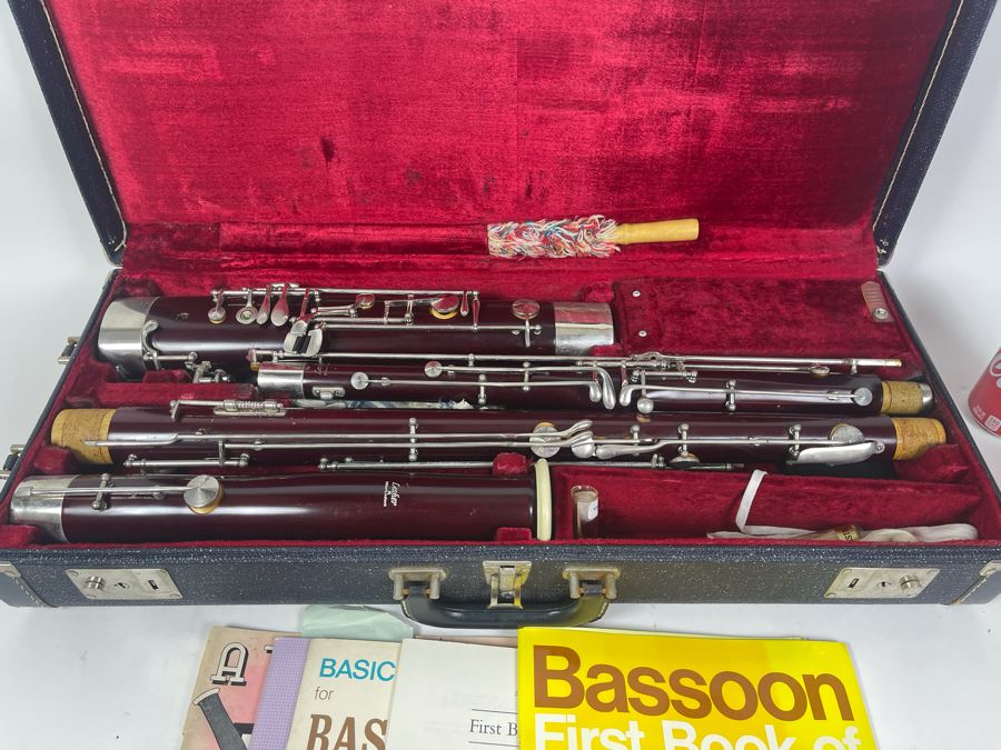 Lesher Bassoon Elkhart Indiana Marked 2102 With Case Marked NDSU Band And Bassoon Lesson Musical Books [Photo 1]